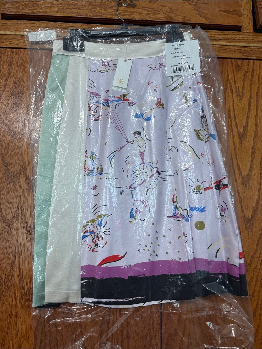 Tory Burch Silk Lavender Print Midi Skirt with Mint & Cream Panels for Spring